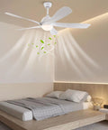 Ceiling Fan with Light and Handheld Controller 6 Speeds 2200LM for Bedroom in a minimalist room, featuring white blades.
