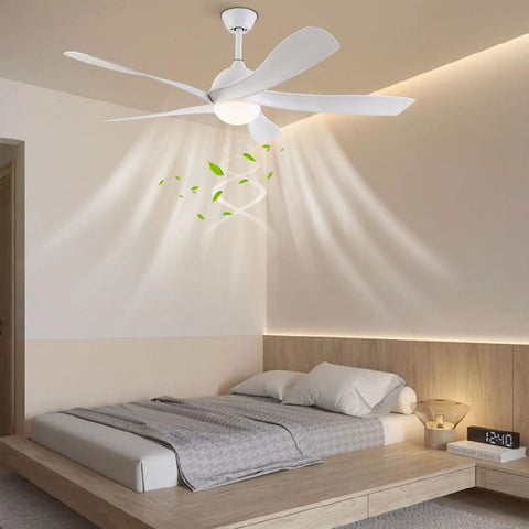Ceiling Fan with Light and Handheld Controller 6 Speeds 2200LM for Bedroom in a minimalist room, featuring white blades.
