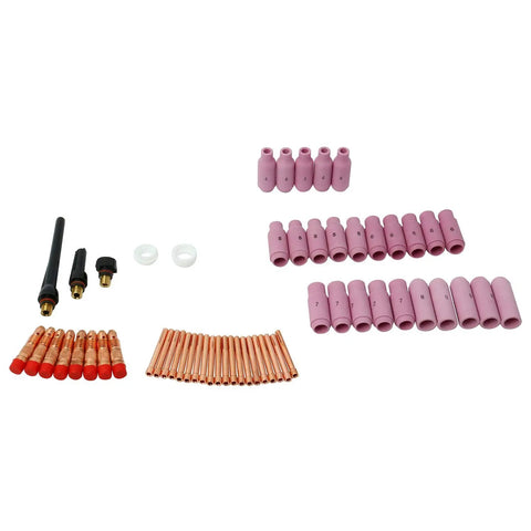 58 Piece TIG Welding Torch Kit with collets, alumina nozzles, gas lens, and consumables for WP-17, WP-18, WP-26 torches