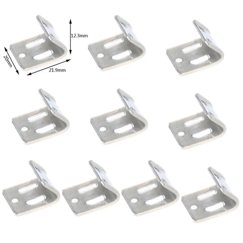 Heavy Duty Five Hole Sofa Spring Clips To Rescue Saggy Seats Straight Up Carbon Steel fasteners in silver, 10 clips shown from above.