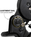 Close-up of adjustment dial on ratcheting ferrule crimping tool set with square crimper pliers, 1200 wire terminals, 10 to 22 AWG, electrical crimp kit.
