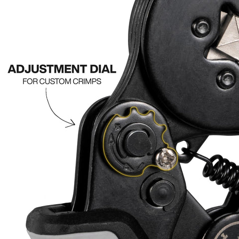 Close-up of adjustment dial on ratcheting ferrule crimping tool set with square crimper pliers, 1200 wire terminals, 10 to 22 AWG, electrical crimp kit.