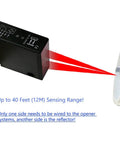 IP67 Waterproof Photoelectric Beam Sensor For Gates And Garage Doors with 40 Feet Range, showing infrared beams and reflector component.
