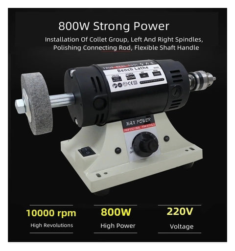 Hardcore 800W Bench Grinder Featuring Stepless Speed Adjustment and Flexible Shaft Grip for woodturning and polishing.