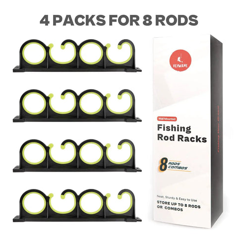 Wall Mount Fishing Rod Rack For Garage And Shop, No Fuss Install Horizontal Or Ceiling Mount, Rubber Coated Rod Holders, Holds Up To 8 Rods Or Combos, Lightweight ABS Construction With Flexible Inter Joint Design.