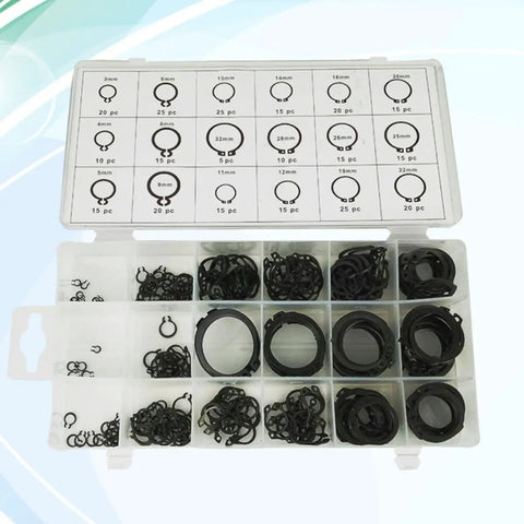 External Snap Ring Assortment Kit With 300 Pieces In 18 Sizes Black Metal Retaining Rings And Handy Storage Case For Industrial And Scientific Projects, open case with labeled compartments