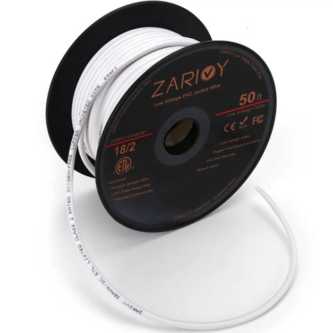 50 Foot 18 Gauge Two Conductor Electrical Wire With Red And Black Leads CL2 Fire Resistant White Jacket spool