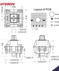 Oil King V2 Pre Lubed 5 Pin Linear Switches for MX Mechanical Keyboard - Smooth Linear Feel, Quiet and Durable DIY Key Switches, 70 Pack for Fast Typing, Tuning, and Gaming technical drawing with PCB layout and dimensions