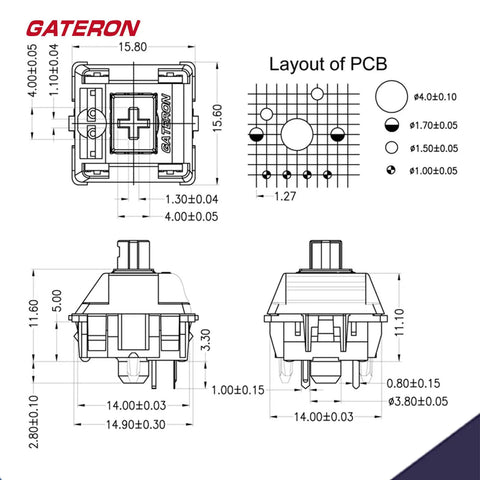 Oil King V2 Pre Lubed 5 Pin Linear Switches for MX Mechanical Keyboard - Smooth Linear Feel, Quiet and Durable DIY Key Switches, 70 Pack for Fast Typing, Tuning, and Gaming technical drawing with PCB layout and dimensions