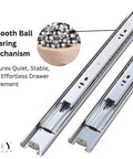 Close-up of heavy duty 18 inch ball bearing full extension drawer slides set of 10 pairs zinc finish, showing smooth mechanism.