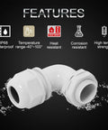 M40 90 Degree Cable Gland Set features: IP68 waterproof, heat and corrosion resistant nylon joints for electrical boxes