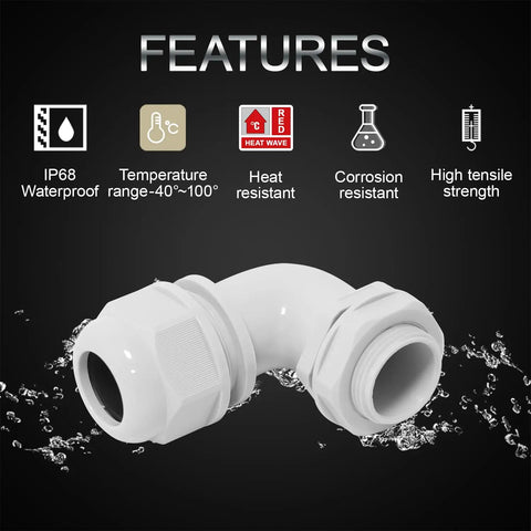 M40 90 Degree Cable Gland Set features: IP68 waterproof, heat and corrosion resistant nylon joints for electrical boxes