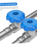 Blue Ball Hand Wheel Valve Handles Set Of 6 No Fuss Easy Install Rotary Mini Handwheel for fluid control, close-up view on pipes