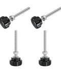 Four Pack Knurled Knobs Thumb Screws with Nuts and Washers, M6 x 60mm Male Thread, Black Finish, Plastic Head, Stainless Steel Stud
