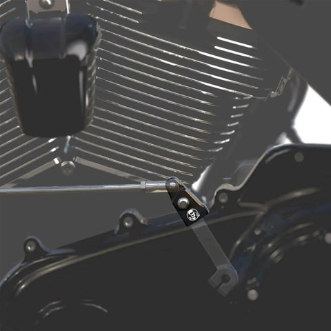 Shift Linkage Kit With EZ Shift Neutral Gear Assist For Harley Touring Dyna Softail Twin Cam Bikes Bolt On Upgrade For Smoother Shifts Easy Install Improves Neutral Hold And Leverage For A Smoother Ride, black metal linkage installed on Harley engine