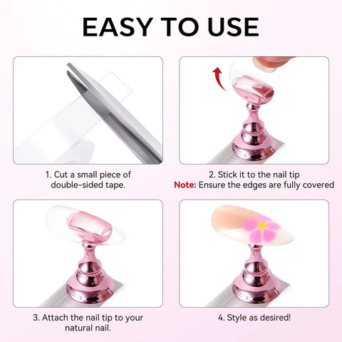 Nail Art Display Stand For Practice And DIY Nails, Magnetic Pro Grade Nail Holder With Double Sided Tape in use steps