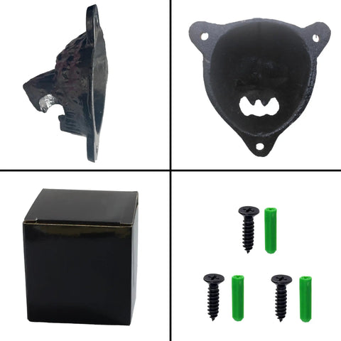 Heavy Duty Cast Iron Wall Mounted Beer Bottle Opener Boasting A Badass Grizzly Bear Head showing top view and included mounting screws.