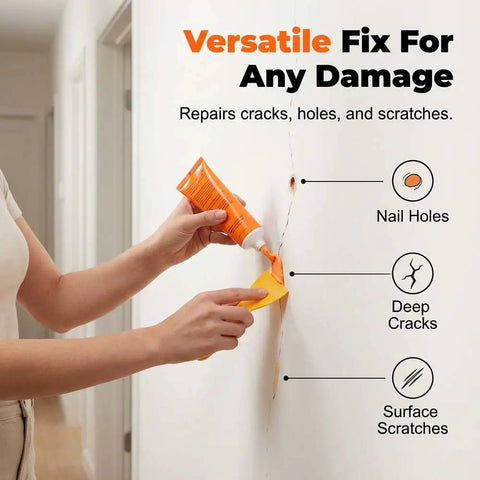 Person using All In One Drywall Repair Kit With Spackle Paste And Scraper For Quick Patch Fixes Hole Patching Patches Wall Mending Solution