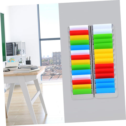 Heavy Duty 28 Slot Guest Room Key And Badge Organizer Rack featuring sleek smart storage with colorful compartments in office setting.