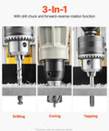 Get Ready To Hammer Metal With This Badass 1450W Magnetic Drill Press showing drilling, coring, and tapping functions.