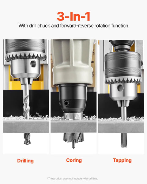 Get Ready To Hammer Metal With This Badass 1450W Magnetic Drill Press showing drilling, coring, and tapping functions.
