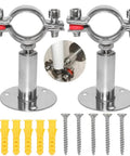 Beduan stainless steel pipe clamp pair with wall/ceiling mounts; includes screws and yellow anchors for 19–21mm pipes