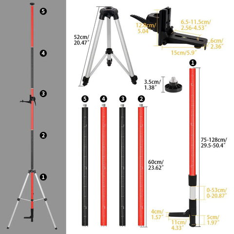 Heavy-Duty 12 Ft Laser Level Pole Kit With Tripod For Rotary And Line Lasers Pro Grade Adjustable Telescoping Pole 1/4-20 Mount