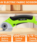 Powerful Cordless Electric Scissors For Heavy Duty Cardboard Cutting With Rechargeable Battery, 4V fabric scissor close-up.