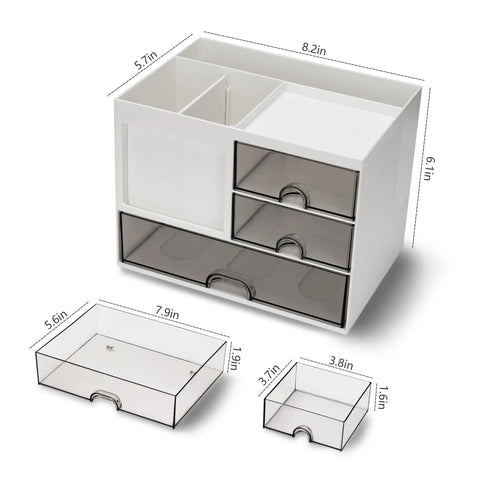 Dope Desk Organizer With 3 Drawers And 8 Compartments For Your Desk, Mega Functional Pencil And Pen Holder in white with dimensions shown.