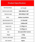 Product specifications table for Top Shelf 2G Plastic Gear Micro Digital Servo 4 Pack Kit Featuring Coreless Motor.