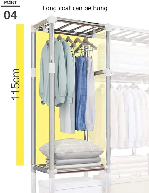 Heavy Duty Portable Wardrobe Closet Steel Pipe Frame And No Sweat Assembly Garment Storage Rack For Bedroom Clothes Shoes Hats Built Tough To Last with long coats hanging and folded blankets.