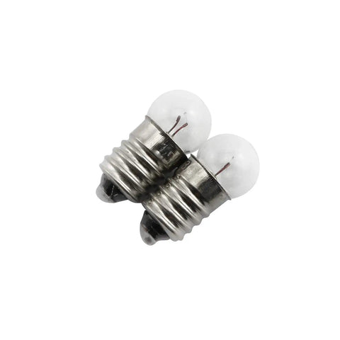 Pack Of Ten Heavy Duty E10 Mini Bulbs featuring slick screw bases in a close-up view, ideal for flashlights and science kits.