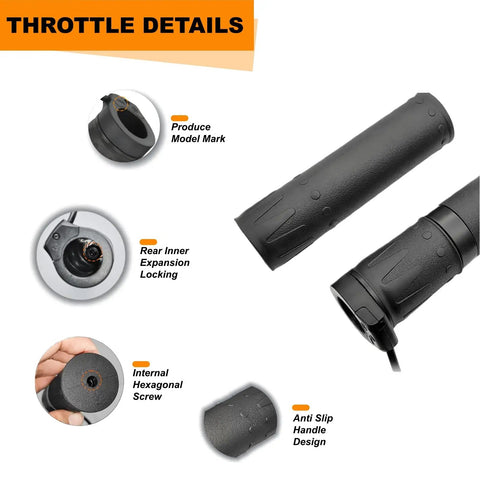 Half Twist Throttle For 22.2mm Handlebar Right Side Plug And Play Universal E Bike And Scooter Throttle Replacement With 3 Pin Waterproof Connector For 12V To 72V Systems showing details like anti-slip handle, model mark, and internal hexagonal screw.