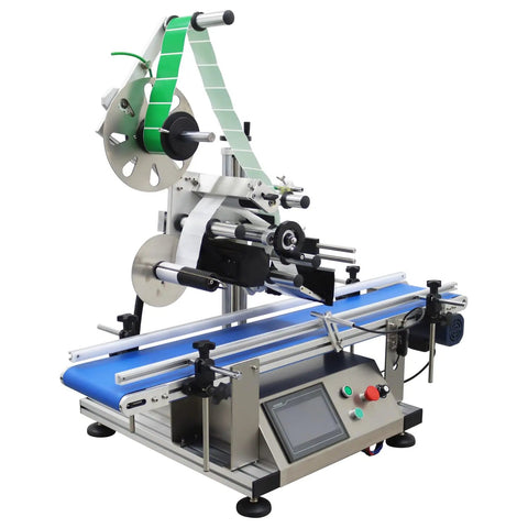 Top Shelf Automatic Desktop Conveyor Labeling Machine Engineered For Zero Stress Workflows On Cosmetics Food And Containers Fast Plug Into Standard Outlet For Smooth Flat Surface Application That Truly Delivers with blue conveyor belt and touch panel.