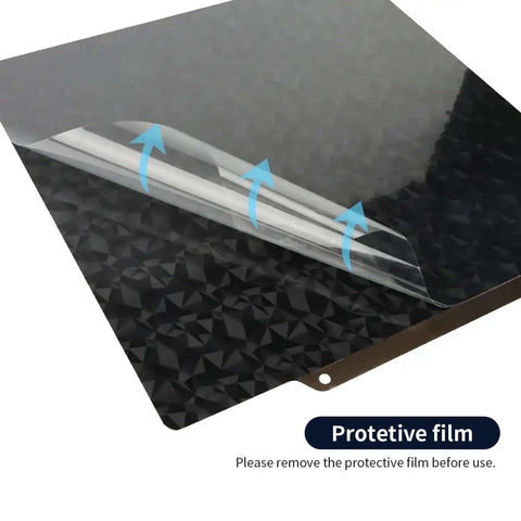 Dual Sided PEI 300x300 Build Plate With Smooth And Textured Surfaces showing protective film removal