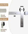 6 Ft Brushed Nickel Sliding Barn Door Hardware Kit with Smooth Quiet Hanger Rollers, showcasing design and materials in detail.