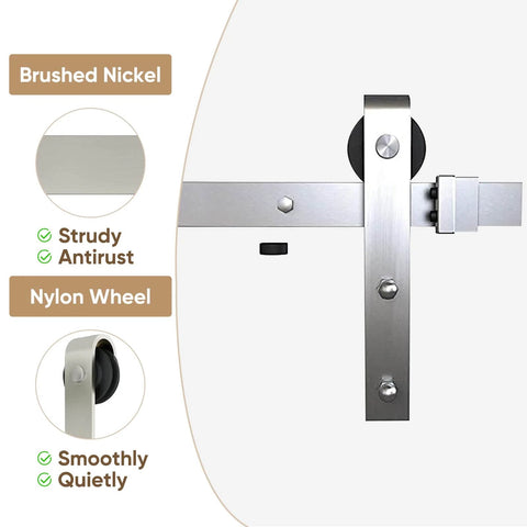 6 Ft Brushed Nickel Sliding Barn Door Hardware Kit with Smooth Quiet Hanger Rollers, showcasing design and materials in detail.