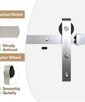 6.6Ft Brushed Nickel Sliding Barn Door Hardware Kit With J Shape Hangers And Nylon Rollers, close-up of brushed nickel finish and nylon wheel.