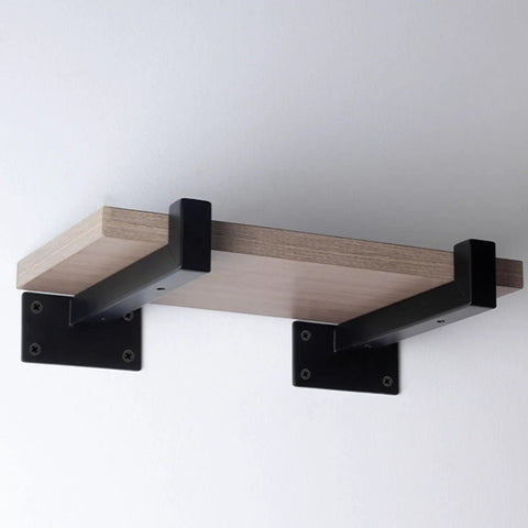 Heavy Duty Floating Shelf Brackets For Kitchen And Living Room Black Coated Industrial Wall Mount Brackets For Open Shelving And Countertop Extensions Ultra Strong Rust Resistant Easy Install supporting wooden shelf, side view.