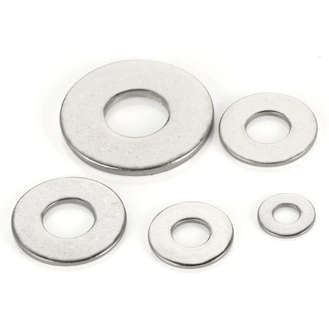 Front view: five stainless steel flat washers, inner hole 1/4 in, outer diameter 3/4 in (304 stainless)