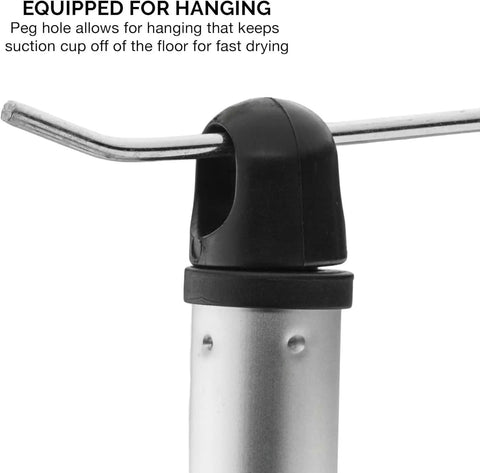 Heavy Duty All Angle Toilet Plungers Three Pack With Sturdy Aluminum Handles and Patented Flex Suction Cups close-up of handle with peg hole for easy hanging.