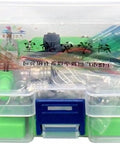 Hands-On Series And Parallel AA Battery Box Kit With Switch Wires And Light Bulb For Simple Circuits, transparent plastic case with green parts