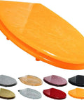 Slick Glitter Toilet Seat Soft Close Rounded Molded Resin Cover in vibrant orange, displayed with various color options.