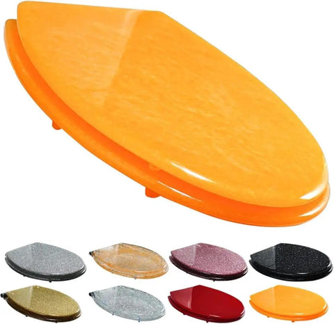 Slick Glitter Toilet Seat Soft Close Rounded Molded Resin Cover in vibrant orange, displayed with various color options.