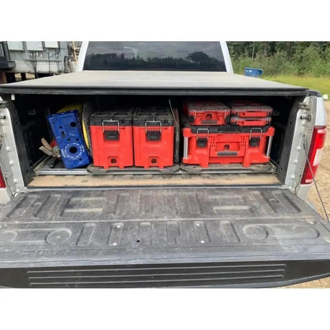 Weather Seal Tool Box With Organizer Bins 75 Lbs Capacity, Built To Last Modular Storage System loaded in truck bed