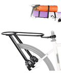 Adjustable Aluminum Alloy Bicycle Luggage Carrier for gravel bikes, mounted on white bike with camping gear secured on top.