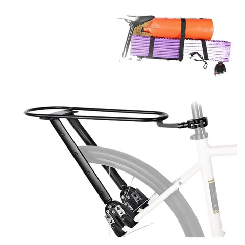 Adjustable Aluminum Alloy Bicycle Luggage Carrier for gravel bikes, mounted on white bike with camping gear secured on top.
