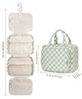 Must Have Hanging Toiletry Bag For Women Travel Organizer With Checkered Green Design, Four Compartments, double zippers shown open and closed