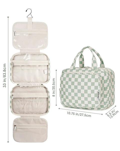 Must Have Hanging Toiletry Bag For Women Travel Organizer With Checkered Green Design, Four Compartments, double zippers shown open and closed