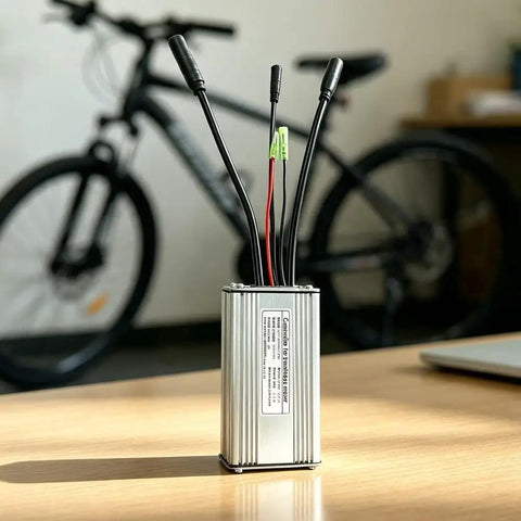 Top Tier 36V Or 48V Ebike Controller Upgrade For Brushless Motors With Smooth Sine Wave Tech, 500W Power And 22A Peak Current For Serious Riders. silver aluminum e-bike controller with wires